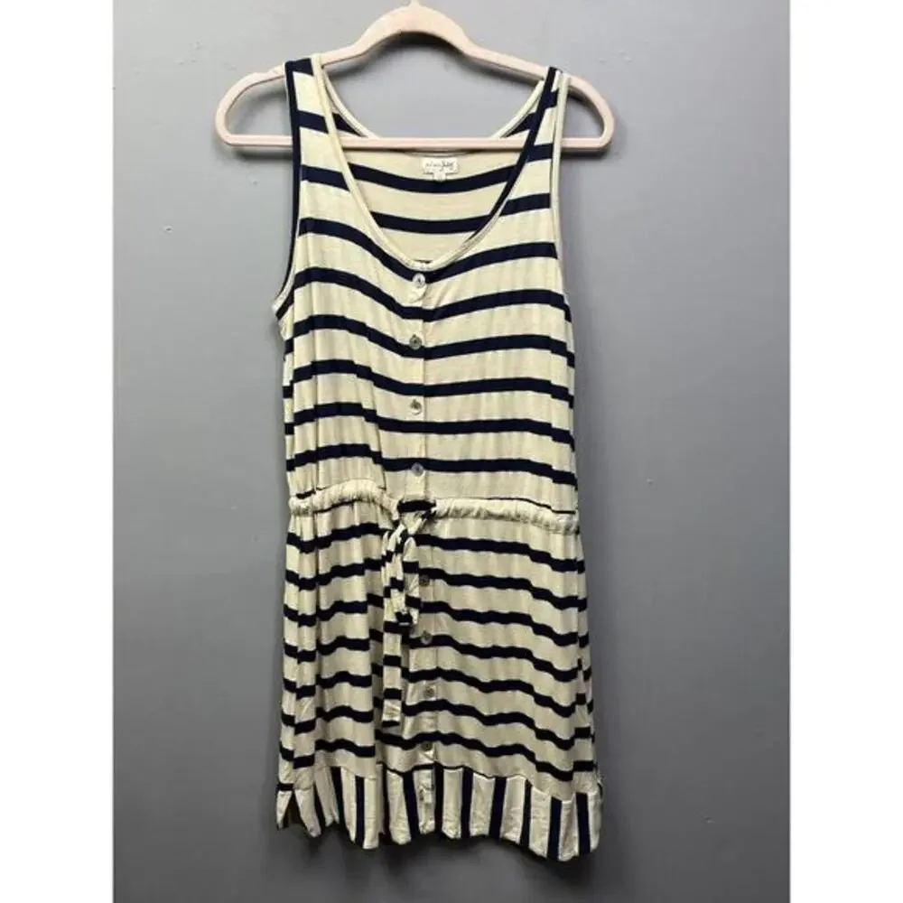 Maison Jules‎ Womens medium Tan Blue Stripes Sleeveless Knee Length Dress button